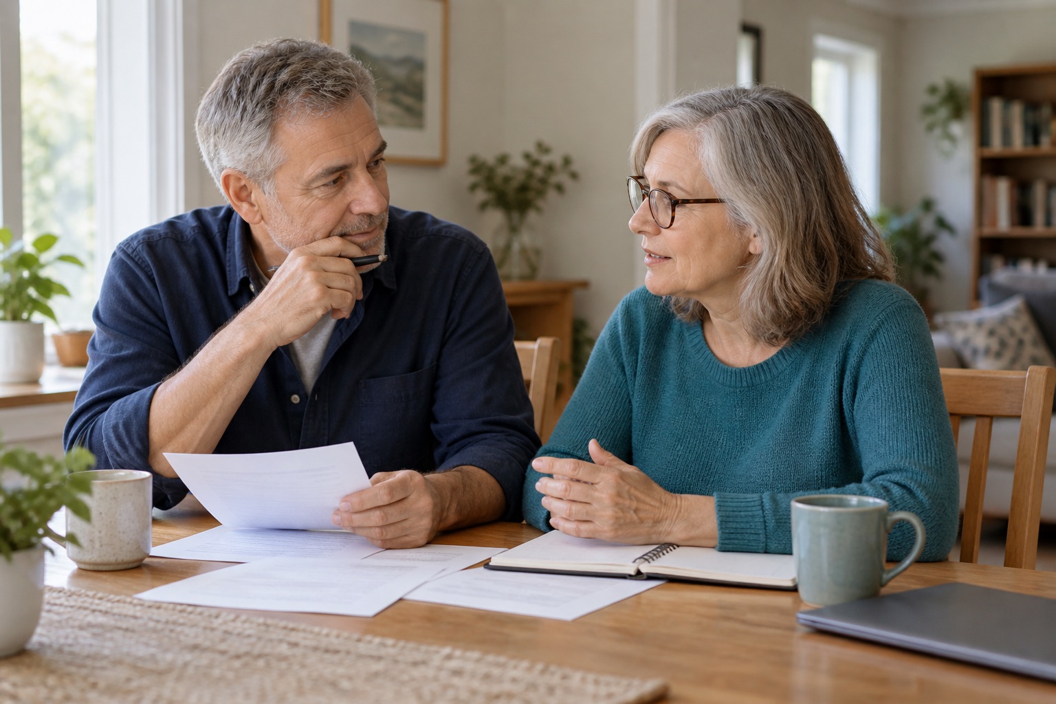 Two people discuss retirement plans together at their kitchen table.