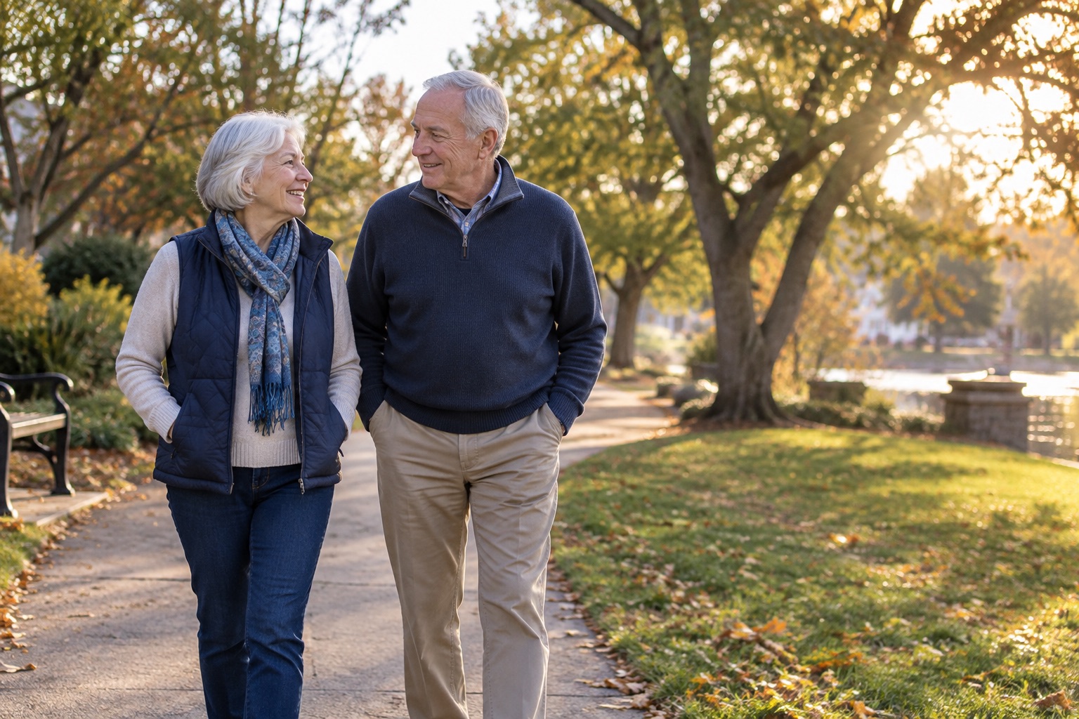 Two people walk together through a neighborhood park.
