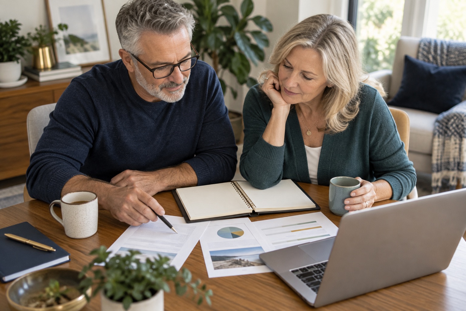 Two people organize their retirement planning materials together at home.
