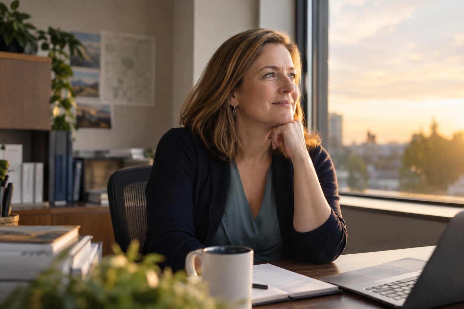 A mid-career public employee reflects at her desk near an office window.